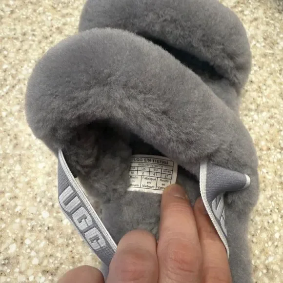 UGG Fuzzy Oh Yeah Fluff Gray Slippers Slides Logo 10 - Picture 5 of 8